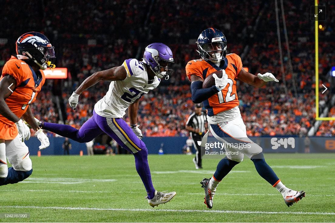 Denver Broncos wide receiver Montrell Washington (12) lines up against the  Minnesota Vikings during an NFL preseason football game, Saturday, Aug. 27,  2022, in Denver. (AP Photo/Jack Dempsey Stock Photo - Alamy